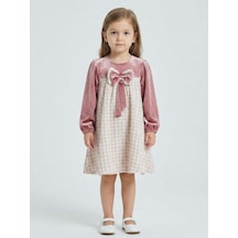 Xo Kids Kız Çocuk Fiyonk Detaylı Kadife Ve Ekoseli Kız Çocuk Elbise 3-7 Yaş 4414 Gülkurusu