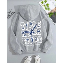 Kozia Outdoors Time Baskili Oversize Unisex Kapşonlu Swetshirt Gri