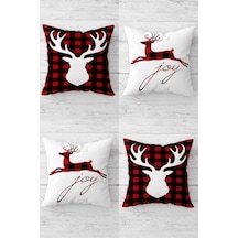 Yılbaşı Christmas Geyik Desen Gizli Fermuarlı Kırlent Kılıfı Koltuk Yastık Kılıfı Takım 4adet , Kırmızı-beyaz-siyah 45 X 45 Diğer