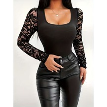 Kadın Uzun Kollu Kare Yakalı Dantelli Viskon Bluz Siyah