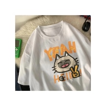 Tarzsokak Beyaz Merhaba Küçük Kedi Deyin An Karikatür Baskı Üstleri O-boyun Yumuşak Kısa Kol