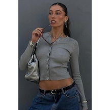 Madmext Gri Düğmeli Uzun Kollu Triko Hırka Mg2218 Gri