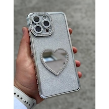 İphone Uyumlu 15 Pro Max Kılıf Simli Taşlı Kalpli Makyaj Aynalı Işıltılı