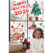 MSticker Hoşgeldin 2024, Happy New Year 2024 Yeni Yıl Kış Konseptli Sevimli Noel Baba Ve Ağaçlar Figürler