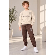 Uğur Bebe Erkek Çocuk Bej Sweatshirt Kahverengi Eşofman Altı Alt Üst Takım İpli Bel Lastikli, Cepli, Rahat Kalıp, Günlük Spor Giyim Yumuşacık Traşlı Penye Bej Kahverengi Bej Kahverengi
