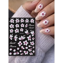 Lexroo 5d Çiçek Desenli Tırnak Sticker, Nail Art Süsleme, Beyaz Ve Pembe Renk, Sweet Flower Serisi