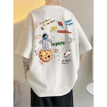Moon To Mars T-shirt - Beyaz Baskılı Oversize Bisiklet Yaka Kısa Kol Beyaz