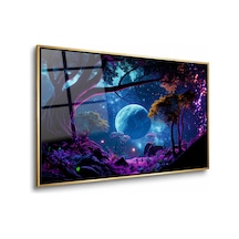 Neon Işıklı Fantastik Orman Gold Çerçeveli Cam Tablo