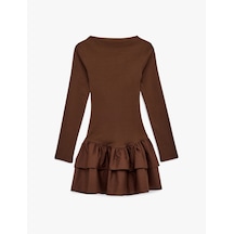 Koton Slim Fit Uzun Kollu Bisiklet Yaka Katlı Volanlı Mini Elbise Kahverengi 6sal80085ıw Kahve