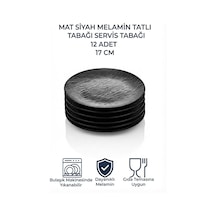 12 Adet Mat Siyah Melamin Tatlı Tabağı Servis Tabağı - Bulaşık Makinesinde Yıkanabilir 17 Cm