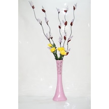 60 Cm Pudra Pembe Desenli Uzun Vazo 5 Mor Üzüm Dalı Sarı 4 Gül