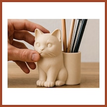 Bezos 3d Baskı Kedi Figürlü Kalemlik - Masaüstü Organizer - Bej Pro