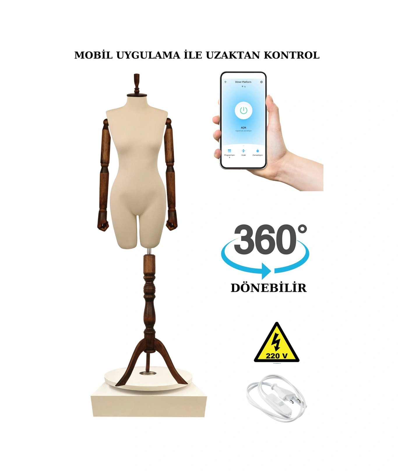 36 Beden 360 Derece Dönebilen Telefondan Kumandalı Ahşap Kollu Mankeni Terzi Mankeni