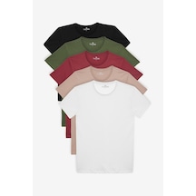 Tudors Unisex 5'li Paket Siyah-beyaz-haki-bordo-vizon Slim Fit Dar Kesim %100 Pamuk Bisiklet Yaka Tişört-31309 Multi Çok Renkli