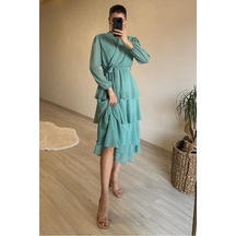 Neşeli Butik Kadın Kat Kat Volanlı Kuşaklı Midi Şifon Elbise Nm004 Mint