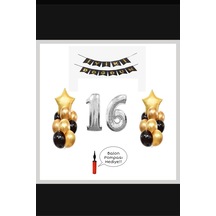 16 Yaş - Gümüş Silver Folyo Balon Parti Seti + Balon Pompası Hedi