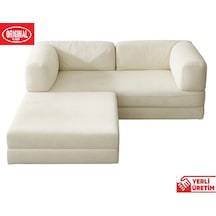 Herev 180x180 Cm 50 Dns Modüler Köşe Koltuk Fitilli Kadife Kumaş, Yatak Olabilen, Modern Tasarım Şark Köşe Krem
