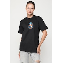 Deniz Kızı Deniz Yıldızı Mavi Saçlı Siyah Oversize Unisex Ön Orta Minimal Baskılı Tişört Siyah