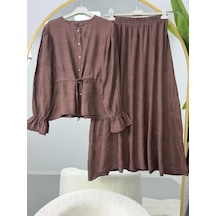 Lovie Moda Kolları Büzgülü Belden Bağlamalı Tesettür Etekli Takım Kahverengi