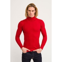 Cekmon Erkek Slim Fit Fitilli Likralı Düz Renkli Triko Boğazlı Kazak Kırmızı