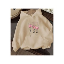 Herkesemoda Çiçek Baskı Detaylı İçi Polarlı Kapüşonlu Sweatshirt Bej