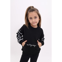 Toontoy Kız Çocuk Relax Fit Bisiklet Yaka Cepli Baskılı Sweatshirt - Kolu Çizgili & 2 İplik Siyah