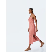 Koton Büzgü Detaylı Boncuklu İnce Askılı Uzun Keten Elbise Koyu Pembe 5sak80065ew Koyu Pembe