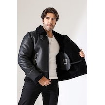 M M Marki Marki Erkek Hakiki Deri Mont, Siyah, Pilot Model, İçi Kürklü, 70 Cm, Fermuarlı