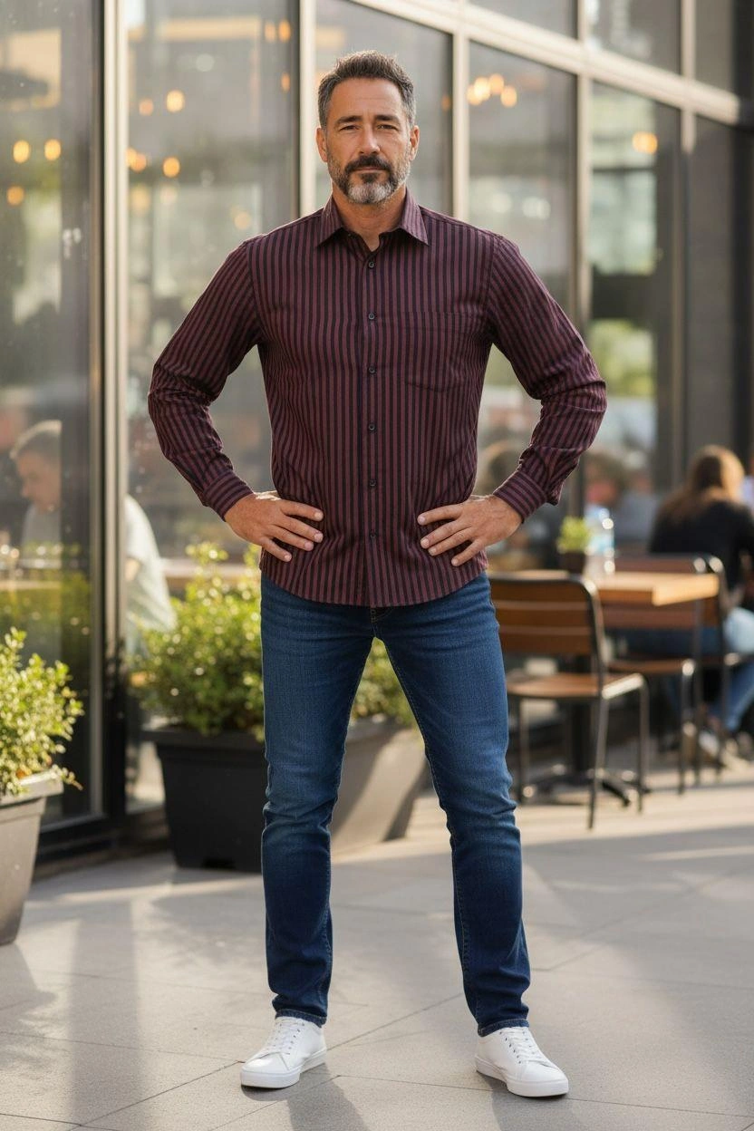 Klasik %100 Cotton Bordo Uzun Kollu Mevsimlik Çizgili Gömlek Regular Kalıp -10449 Bordo