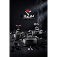 Gül Mutfak 3 Lü 6 Parça Paslanmaz Çelik Sahan Seti Cam Kapaklı 16-18-20 Cm Inox