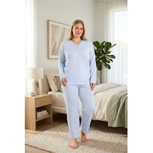 Eyfuze Kadın Büyük Beden Desenli Yakası Düğmeli Uzun Kollu Bambu Pijama Takımı Buz Mavisi