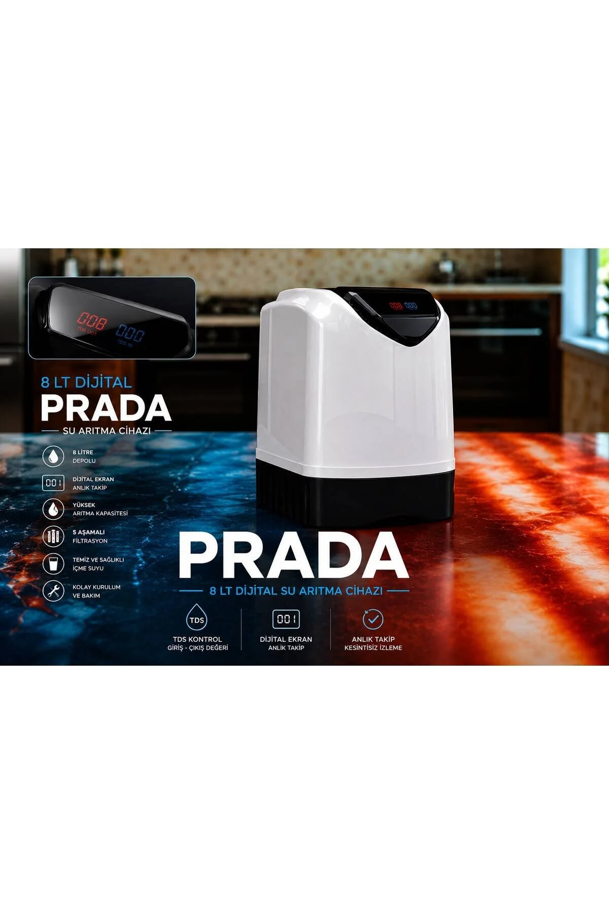 Ro-prada Yeni Nesil Dijital Prada 8 Lt Su Arıtma Cihazı Nsf Onaylı 5 AŞAMALI POMPASIZ