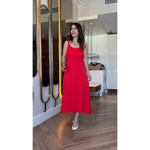 Veraura Lifestyle Kadın Askılı Yuvarlak Yakalı Viskon Elbise Kırmızı