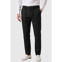 Rizzup Siyah Slim Fit Likralı Keten Dokulu Lastikli Belli İpli Yazlık Erkek Pantolon 2603001