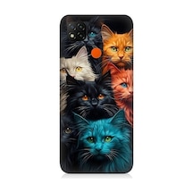 Xiaomi Redmi 9c Uyumlu Renkli Sevimli Kedi Yüzleri Desenli Silikon Kılıf