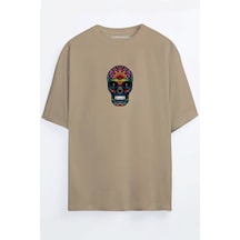 Renkli Kurukafa Baskılı Unisex Siyah - Beyaz - Turuncu - Bej Oversize T-shirt Bej