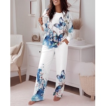 Moderie Butik Kadın Uzun Kollu Bisiklet Yaka Kelebek Desenli Iki Iplik Alt Üst Takım Beyaz