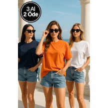 Kadın 3'lü Paket Siyah-beyaz-turuncu %100 Pamuk Oversize Basic Tişört Bisiklet Yaka Relaxed T-shirt Çok Renkli