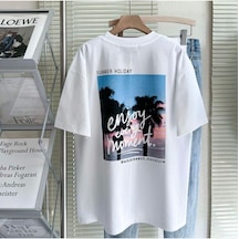 Flood Of Style Erkek Beyaz Enjoy Every Moment Baskılı Oversize Bisiklet Yaka Tshirt