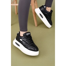 Markasende Erg Kadın Siyah Beyaz Air Kalın Tabanlı Sneaker Rahat Spor Ayakkabı Deri Görünümlü Siyah