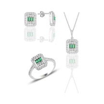 Gümüş Beyaz Altın Rodyumlu Baget Kesim Kök Zümrüt Taşlı Çizgili Ü