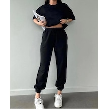 Hırsch Kadın Oversize Düz Siyah Eşofman T-shirt Takım Siyah