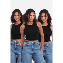 Mmetalic Fitilli Siyah Crop Halter Yaka Sıfır Kol Pamuklu 3'lü Kadın Atlet