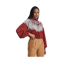 Kadın Yaka Büzgülü Desenli Bluz Salaş Kesim Ve Yüksek Yaka Detaylı Kiremit