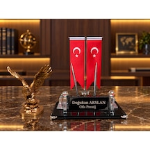 Velora 3 Parça Kristal Ofis Seti Kişiye Özel İsimlik Türk Bayraklı Gold Kartal Gold - Siyah