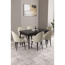 Milas Siyah Mermer Desen 80x132 Mdf Açılabilir Yemek Masası Takımı 6 Adet Sandalye Krem