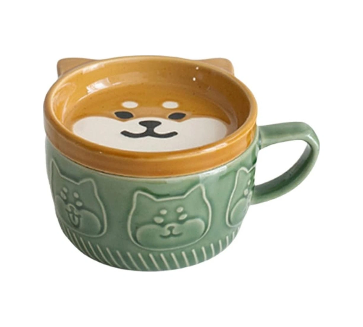 Japon Sevimli Seramik Kupa Shiba Inu Panda Kapaklı Kahve Kupası Ev Çift Süt Kahvaltı Kupası Su Kupası Yeşil Diğer
