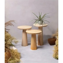 Ahşap 3 Lü Set Fitilli Mantar Yan Sehpa / Zigon Sehpa Vernikli / Wood Wooden Mushroom Side Table Kahverengi