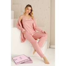 Nisanca Sabahlıklıklı 3 Parça Çeyizlik Kutulu Kadın Pijama Takımı- Dantelli Kutulu Kadın Pijama- Geniş Beden Aralığı Pudra