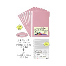 Telli Dosya Plastik A4 10 Lu Ve Poşet Dosya 50 Li 1 Paket Ekonomik Kaliteli Şeffaf Kapak Telli Dosya Okul Büro Ofis Pembe - Kırmızı